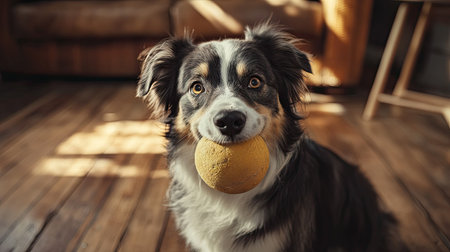 A dog holding a ball in its mouth while sitting on a wooden floor, eyes bright with excitement for an upcoming game. The room is cozy and inviting.の素材