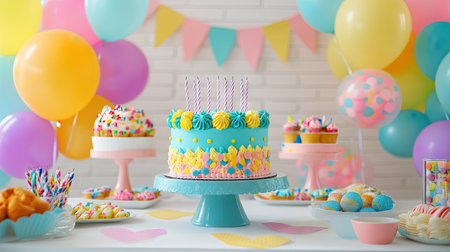 A beautifully decorated birthday table with a delicious cake, colorful balloons, and festive party decor.の素材
