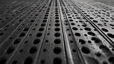 A detailed shot of a steel sheet with tiny round perforations, showcasing the uniformity and precision of the metalwork in industrial design.の素材