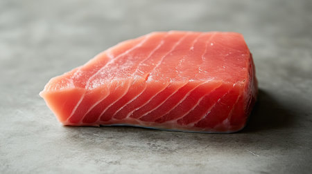 A beautifully arranged fresh tuna steak on a plain surface, showcasing its fresh texture and rich pink color.の素材
