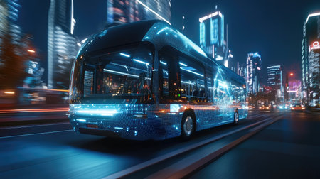 A G-connected bus traveling down a futuristic city street, showcasing advanced public transportation technology.の素材