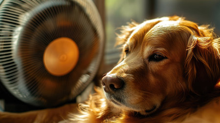 A dog lounging in front of a fan on a warm day, resting with eyes half-closed and a content expression. The fan provides a refreshing coolness to the room.の素材