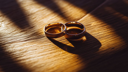 Two wedding rings placed on a wooden table, the light casting shadows that form beautiful shapes around them, creating a sense of warmth and love.の素材