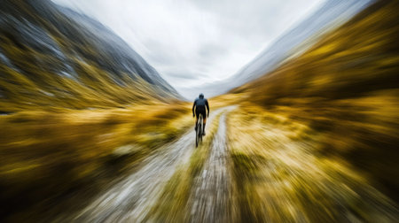A blurred foreground and background as a gravel cyclist powers through a rugged off-road trail.の素材