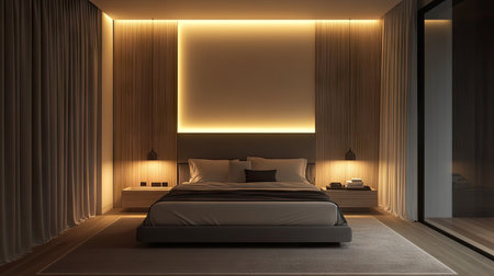 A beautifully designed minimalist bedroom in a luxury apartment, with a king-sized bed, soft lighting, and clean lines throughout.の素材