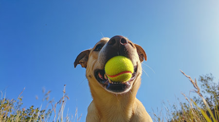 A dog holding a colorful tennis ball in its mouth, looking up at its owner for the next toss. The clear blue sky and grassy field provide a perfect play setting.の素材