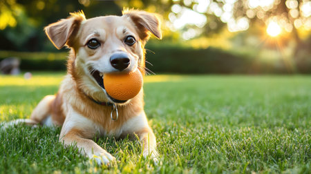A dog sitting on the grass with a ball in its mouth, eyes sparkling with anticipation as it waits to play fetch. Its tail wags in excitement.の素材