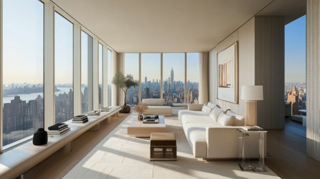 A spacious luxury apartment with a minimalist design, featuring neutral tones, clean lines, and modern furniture for an elegant atmosphere.の素材