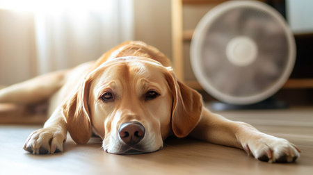 A dog lying calmly on the floor with a fan blowing a refreshing breeze in the background. Its relaxed posture shows contentment and comfort in the cool air.の素材