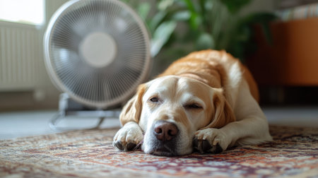 A dog lying on a comfortable rug in front of a fan, resting its head on its paws. The fan's gentle breeze cools the room, creating a relaxing environment.の素材