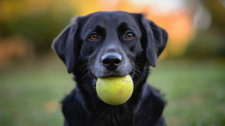 A dog sitting calmly with a ball in its mouth, waiting patiently for its owner to throw it. The peaceful background adds to the dog's focused expression.の素材