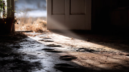 Footsteps in mud entering through a door and trailing across the floor, natural light hitting the pathの素材