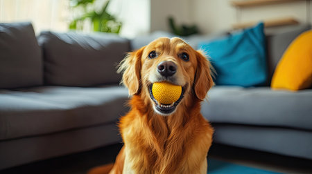 A dog sitting in a living room with a ball in its mouth, waiting for a game of fetch indoors. The dog's joyful expression shows it's ready to play.の素材