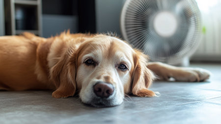 A dog lying calmly on the floor with a fan blowing a refreshing breeze in the background. Its relaxed posture shows contentment and comfort in the cool air.の素材