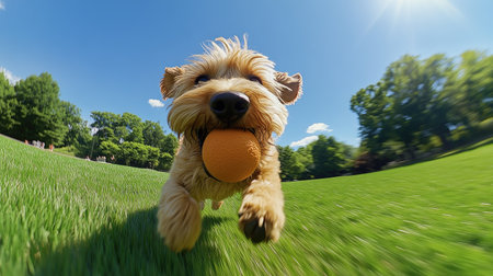 A dog running toward the camera with a ball in its mouth, excited and full of energy. The background features a vibrant green park and clear skies.の素材