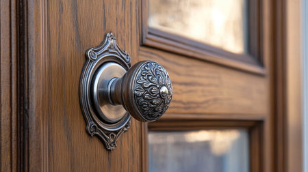 A beautifully detailed stainless steel door knob on a polished wooden door, with the focus on the metal's craftsmanship and shine.の素材