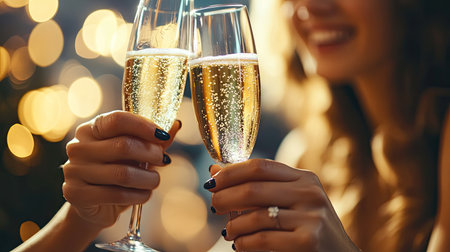 Two friends clinking their champagne glasses in a close-up shot, the golden liquid sparkling in the glasses, creating a moment of joy and celebration at a party.の素材