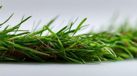 Fresh grass blade lying horizontally across a clean white backdrop, crisp and detailedの素材