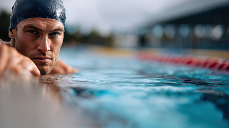 Focused male swimmer in swim cap and goggles, holding the edge of the pool with a look of concentrationの素材