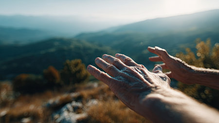 Gentle close-up of two hands reaching across a blurred landscape background, soft natural lightingの素材