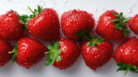 Fresh, juicy strawberries with water droplets, laid flat on a white background for a refreshing lookの素材