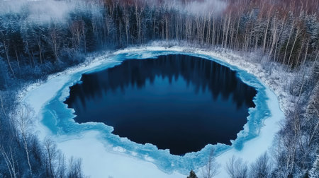 Aerial view of a frozen lake with dramatic ice fractures and deep blue tones.の素材