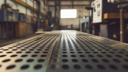 A piece of metal with a uniform pattern of small round holes, creating a modern and technical aesthetic in an industrial workspace.の素材