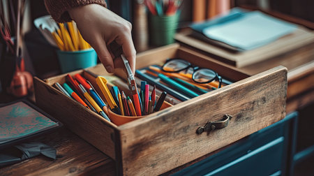 A person's hand gently pulling open a wooden table drawer, showing neatly arranged office supplies, a cup of pens, and a pair of reading glasses inside.の素材