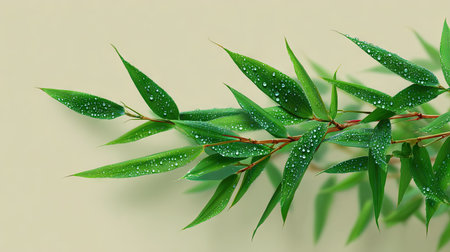 Fresh green bamboo with dew-covered leaves isolated on a light cream backgroundの素材