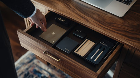 A person's hand opening a drawer of a wooden desk, showcasing neatly organized business cards, a laptop charger, and a journal inside.の素材