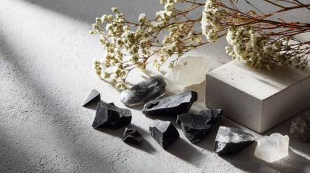 Fractured obsidian pieces spread on a neutral monochrome setting, styled for minimalist designの素材