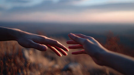 Gentle close-up of two hands reaching across a blurred landscape background, soft natural lightingの素材