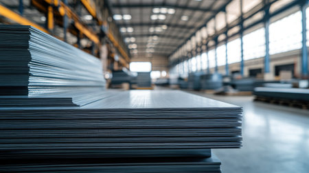 Large sheets of corrugated metal stacked in a warehouse, showcasing the industrial materials used in modern construction projects for buildings.の素材