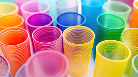 A close-up view of plastic cups in rainbow colors, neatly arranged on a light background.の素材