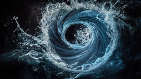 A surreal water splash shaped like a spiral, frozen in motion against a black void.の素材