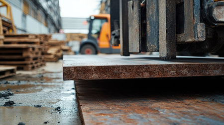 Close-up of heavy metal sheets being moved with a forklift at a construction site, showing the scale and strength of materials used for industrial buildings.の素材