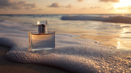 A high-end perfume bottle displayed on the beach, with the waves of the sea rolling in the distance, symbolizing elegance and freshness.の素材