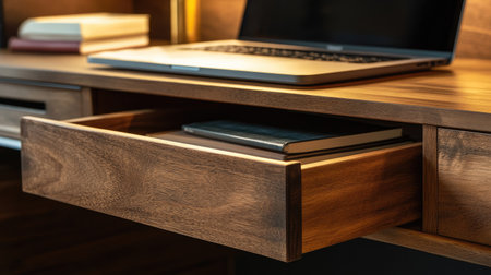 A wooden drawer halfway open on a desk, with the edge of a laptop and a stack of books partially visible, symbolizing a productive work session.の素材