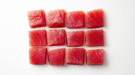 A top-down view of fresh tuna slices placed symmetrically on a simple, plain background.の素材