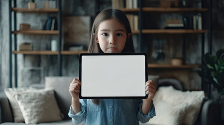 A young girl holding up a blank tablet computer in her hands, standing in a cozy living room, ready to explore digital learning or games.の素材
