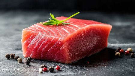 A beautifully arranged fresh tuna steak on a plain surface, showcasing its fresh texture and rich pink color.の素材