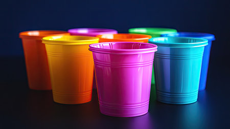 A group of multicolored plastic cups in bold colors, isolated on a dark background for a striking look.の素材
