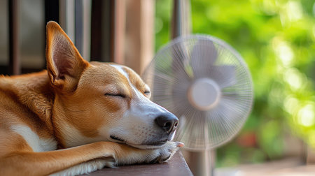 A dog stretched out in front of a fan on a sunny day, enjoying the cool air with a relaxed expression. The fan offers a peaceful respite from the heat.の素材