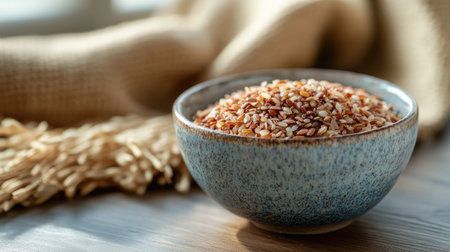 A bowl of dry brown short-grain rice, placed on a wooden table with a natural fiber cloth in the background.の素材