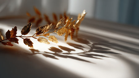 Artistic shot of a golden laurel wreath casting a delicate shadow on a white surface, high contrast and minimalの素材