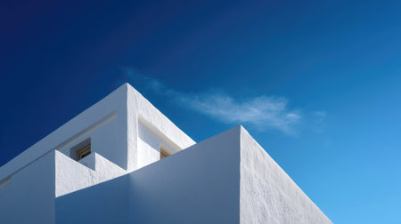 Angled view of geometric white walls and sharp roof edges contrasting beautifully with a deep blue skyの素材