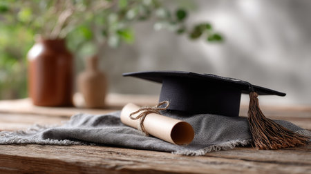 A classic graduation cap with a rolled-up diploma, placed on a rustic desk with a subtle graduation-themed background in soft focusの素材