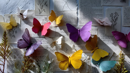 A collage wall of bright paper butterflies layered over vintage newsprint and botanical sketches, artistic and eclecticの素材