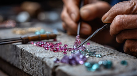 Artisan setting gemstones into a gold necklace, close-up of tools and skilled handsの素材