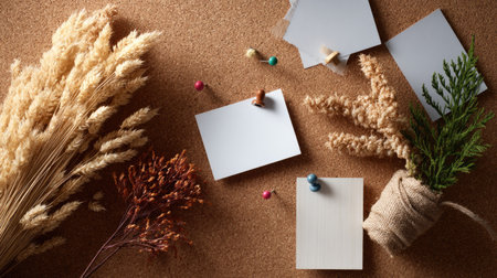 Artistic presentation of a cork board with asymmetrical arrangement of blank notes and pinsの素材